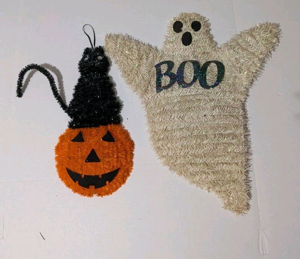 Halloween Tinsel Wall Hanging Decor Lot 2pc Ghost Boo Black Cat Pumpkin